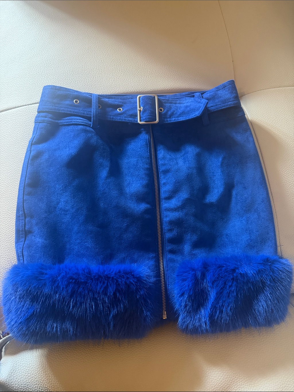 Electric Blue Faux-Fur Trim Mini Skirt With Front Zip